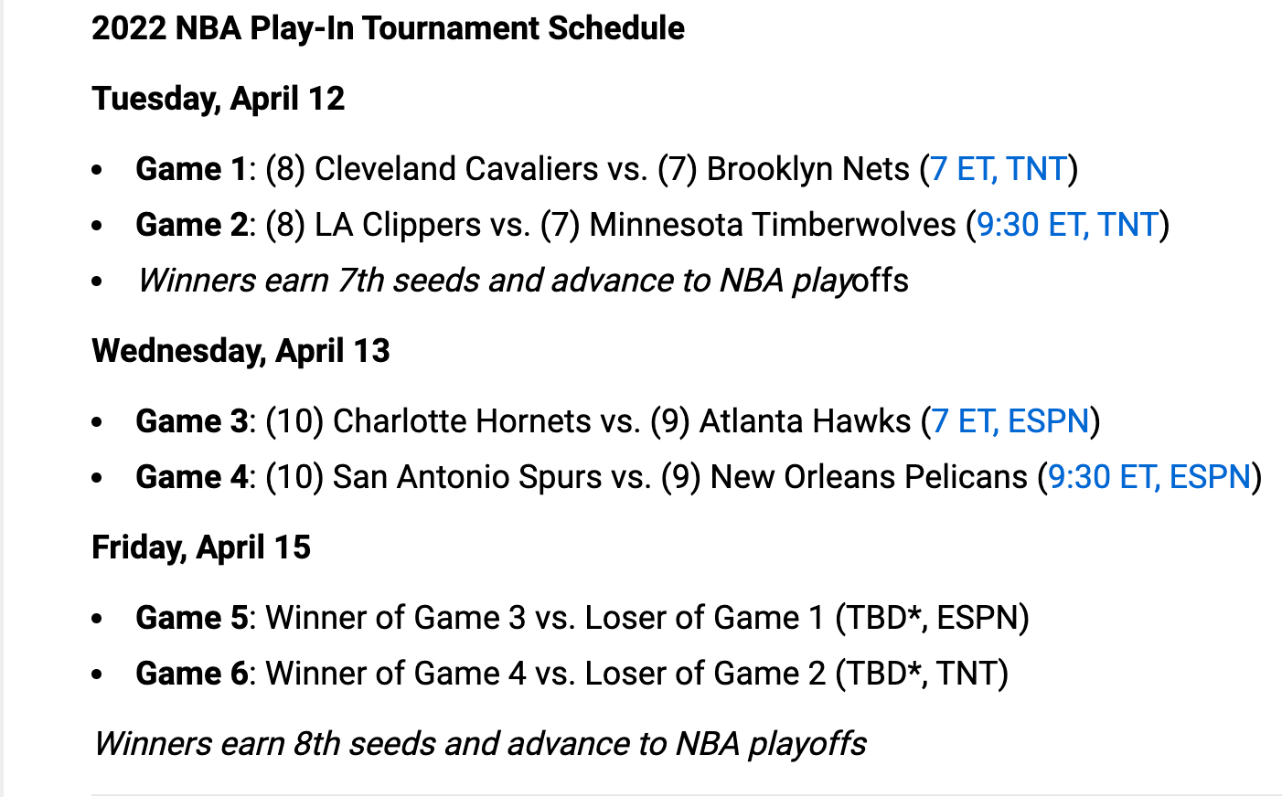 2022 NBA Play-In Tournament Schedule